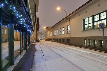 Naklejka na ściany i meble Heavy snowfall in Lombardy at dawn, Bergamo, Lombardy, Italy