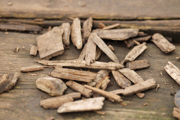 Woodchippings scattered on the floor of a playground 