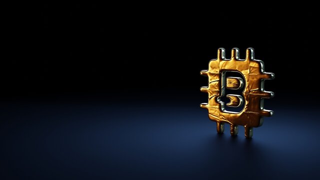 3d rendering symbol of bitcoin chip wrapped in gold foil on dark blue background