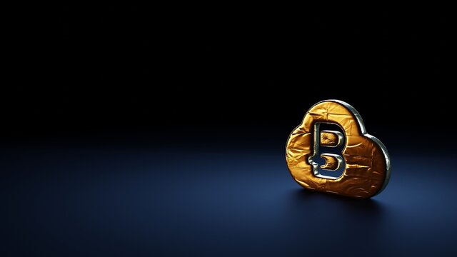 3d rendering symbol of bitcoin wrapped in gold foil on dark blue background
