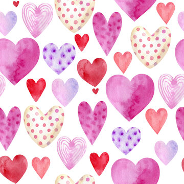 seamless pattern with multicolored hearts, watercolor illustration hand painted on white background