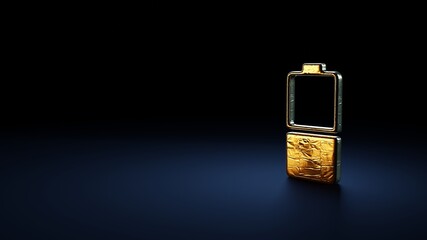 3d rendering vertical symbol of half charged battery  wrapped in gold foil on dark blue background