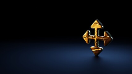 3d rendering symbol of four direction arrows wrapped in gold foil on dark blue background
