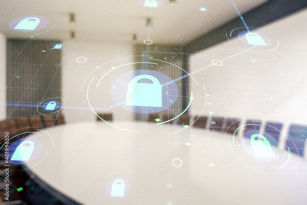 Aufkleber Double exposure of virtual creative lock hologram with chip on a modern meeting room background. Information security concept