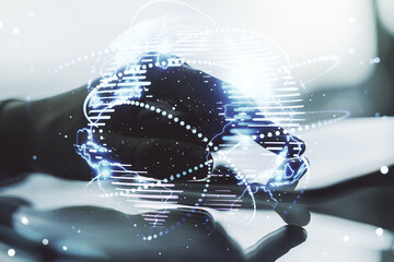 Abstract graphic digital world map with connections and finger presses on a digital tablet on background, globalization concept. Multiexposure