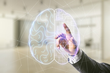 Man hand clicks on virtual creative artificial Intelligence hologram with human brain sketch on blurred office background. Double exposure