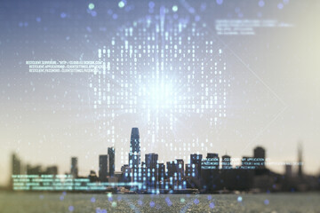 Double exposure of abstract virtual creative code skull hologram on San Francisco city skyscrapers background. Malware and cyber crime concept