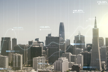 Multi exposure of creative statistics data hologram on San Francisco skyscrapers background, stats and analytics concept