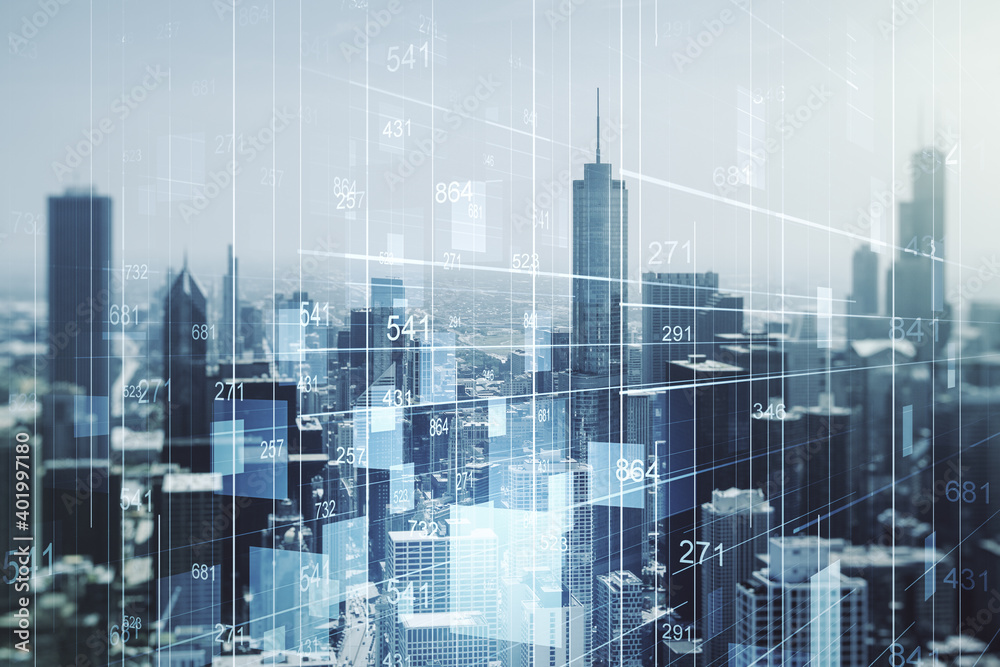 Poster Multi exposure of abstract statistics data hologram interface on Chicago office buildings background, computing and analytics concept