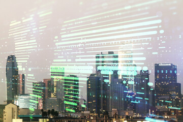 Obraz premium Multi exposure of abstract graphic world map on Los Angeles cityscape background, big data and networking concept