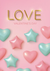 Valentines Day greeting card. Realistic 3d pink and blue balloons hearts and stars. Love and wedding. Template for products, web banners and leaflets. Vector illustration