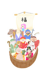 宝船　七福神　アマビエ　丑年　年賀状　白背景