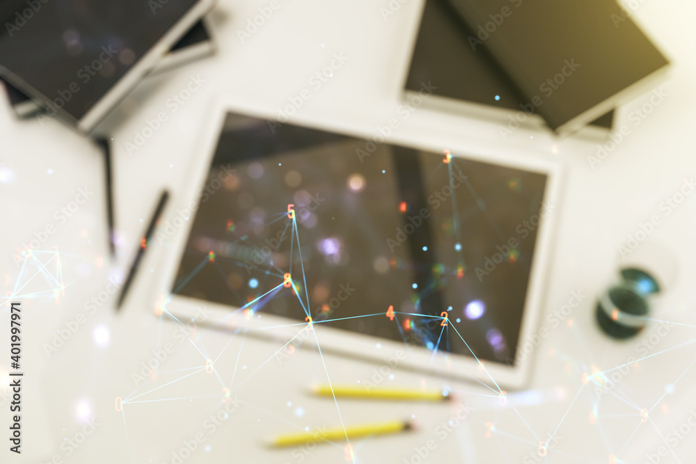 Poster creative abstract technology sketch and modern digital tablet on background, future technology and a