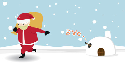 Santa Claus carrying a sack of gifts for the kids alone. With arms of reindeer extending from the snow house With a Bye-bye message.  Reindeer afraid of the coronavirus.