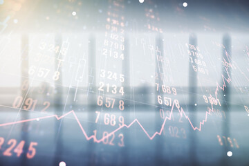 Obraz premium Multi exposure of stats data illustration on empty corporate office background, computing and analytics concept