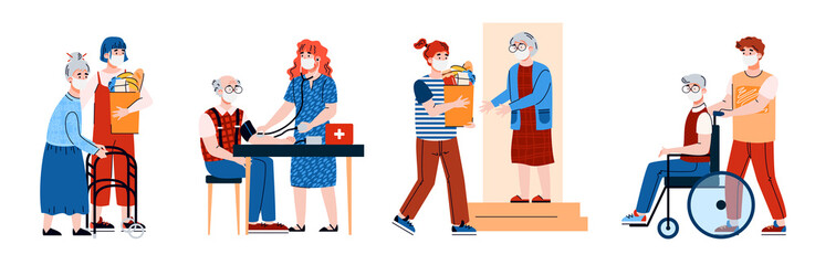 Banner with set of volunteers or social services helping to elderly people in pandemic quarantine period, flat cartoon vector illustration isolated on white background.
