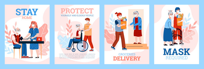 Onboarding pages set for volunteer program of elderly people support during quarantine with masked volunteers taking care of older people, cartoon vector illustration.