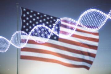 Virtual DNA symbol illustration on US flag and blue sky background. Genome research concept. Multiexposure
