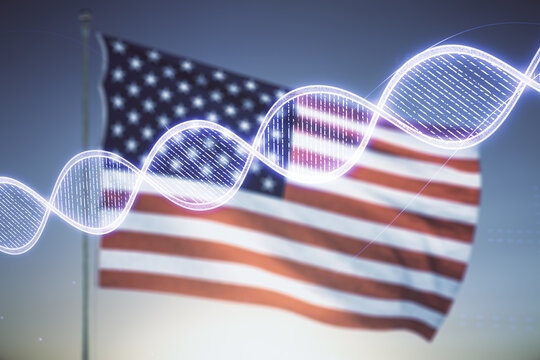 Virtual DNA symbol illustration on US flag and blue sky background. Genome research concept. Multiexposure