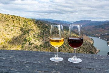 Glasses of Portuguese fortified port wine, produced in Douro Valley and Douro river with colorful terraced vineyards on background in autumn, Portugal