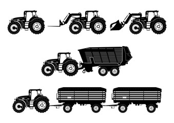 Agricultural tractor. The silhouettes of modern tractors with trailers and additional equipment. Side view. Flat vector.