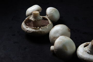 Champignons on a black background. White mushrooms. Natural product. Healthy food.