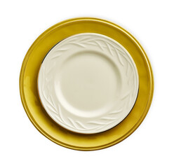 Empty ceramics plates, White plate on yellow plate isolated on white background with clipping path, Top view 