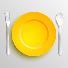 Plate, spoon and fork isolated on napkin background. Canteen icon. dining room badge. buffet icon. Here you can eat picture. Fast food restaurant badge. illustration