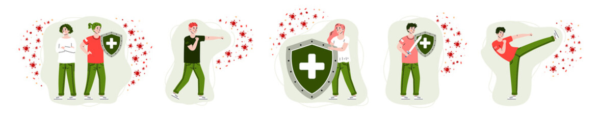 Healthy immune system. People reflecting from attack coronavirus with help strong immunity and drug. Concept of medical protection and safety with help immunity shields. Vector.