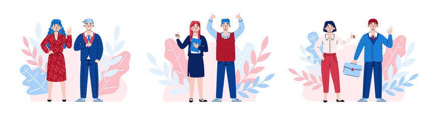 A set of pairs gesturing of ok signs. Positive people expression happy emotions, agreement and approval using ok, victory and thumb up hand gestures. Vector isolated illustrations.