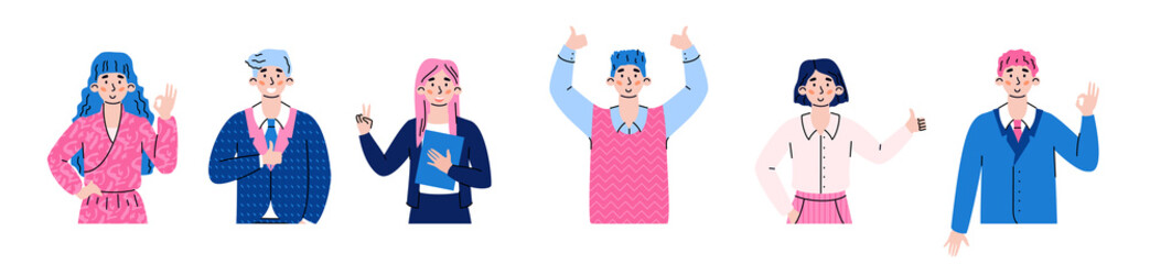 Fototapeta premium Set of happy people gesturing ok signs. Characters expression positive emotions, agreement and approval using ok, victory and thumb up hand gestures. Vector isolated illustration