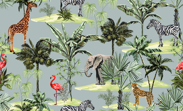 Tropical vintage botanical landscape, palm trees, plant, palm leaves, sloth, elephants. Seamless floral pattern. Jungle animal wallpaper on yellow background. © Hanna Kh