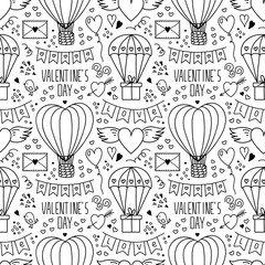 Vector Doodle style Love Symbols Seamless Pattern. Hearts, Hot Air Balloon, Flag Garland, Parachute Gift, Lettering Valentines Day. Holiday background for design scrapbooking, wrapping paper, textile