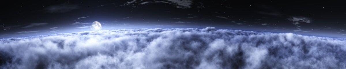 Naklejka na ściany i meble Moon above the clouds, panorama of the night sky with the moon and clouds, Moonlit night, 3D rendering
