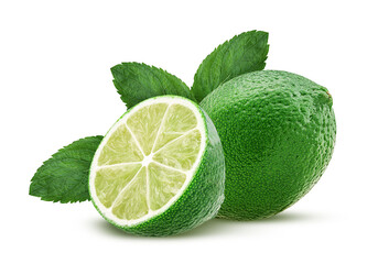 Fresh lime, whole one cut in half with leaf mint