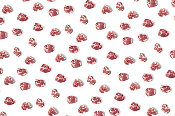 background with raw pork meat slices on white background, raw food background, not pattern modern creative, flatlay