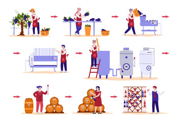 Set of winemakers cartoon characters busy with proceeding grape and producing wine, flat vector illustration isolated on white background. Winery staff or owners.