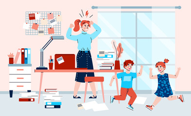 Mother works at home and tries to calm down noisy disobedient children, flat cartoon vector illustration. Working woman combines freelance work with childcare.
