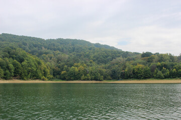 Looking at the surface of a large and beautiful mountain lake