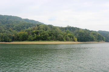 Looking at the surface of a large and beautiful mountain lake
