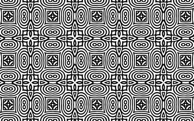 Geometric ethnic texture in doodling style. Indian background from a pattern of intertwined lines, polygons, squares, ovals. Abstract black white template.