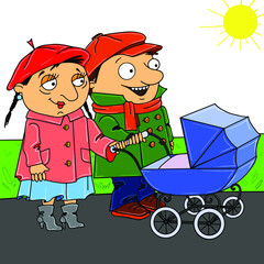 funny family with a stroller and a baby 