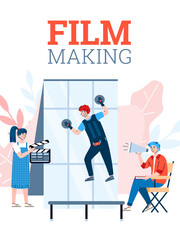 Filmmaking poster template with shooting team filming movie scene, flat cartoon vector illustration. Cinema and TV content production banner or poster design.