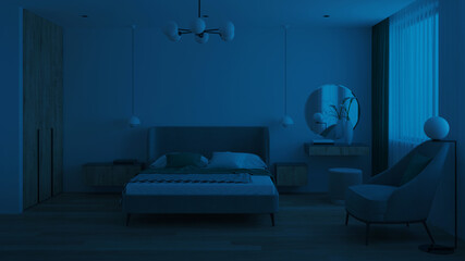Modern bedroom interior. Night. Evening lighting. 3D rendering. - 402004190