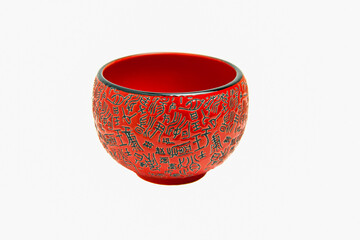 Red porcelain bowl with Chinese characters isolated on a white background