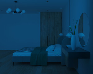 Modern bedroom interior. Night. Evening lighting. 3D rendering.