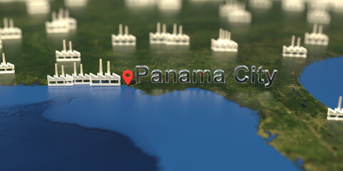 Panama City and factory icons on the map, industrial production related 3D rendering