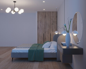 Modern bedroom interior. Night. Evening lighting. 3D rendering.