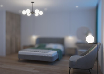 Modern bedroom interior. Night. Evening lighting. 3D rendering.