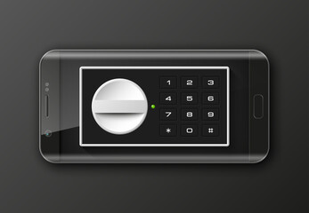 Banner smartphone & safe. Advertising promo poster phone & Strongbox icon. Communicator PDA Armored. Mobile banking combination lock. Electronic funds transfer. Hendy payments. Protection information